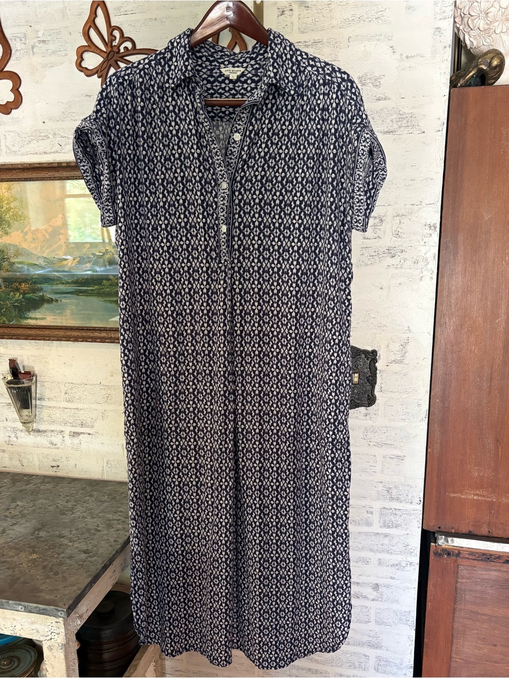 Max Studio Navy & White Patterned Midi Shirt Dress